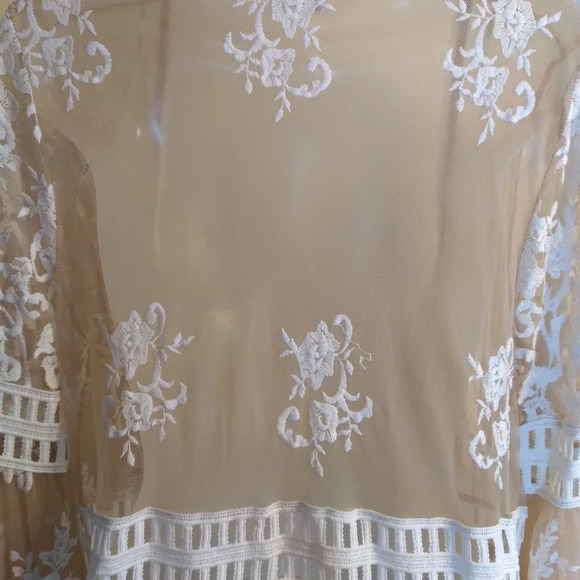 Forever 21 Maxi Sheer Cardigan Topper Kimono Embroidered Beige White Macrame L - Picture 13 of 13